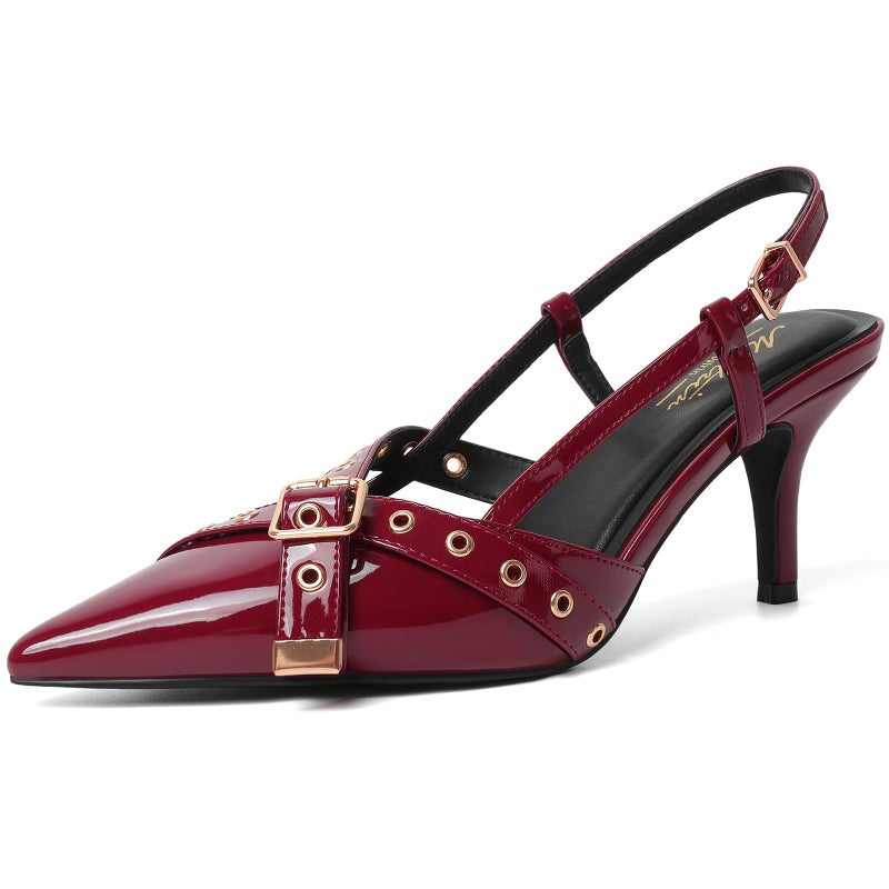 Mostrin Burgundy Slingback Kitten Heels for Women Dark Red Studded Heeled Pumps Pointed Closed Toe Heels Vintage Stiletto Pumps Shoes - Image 1
