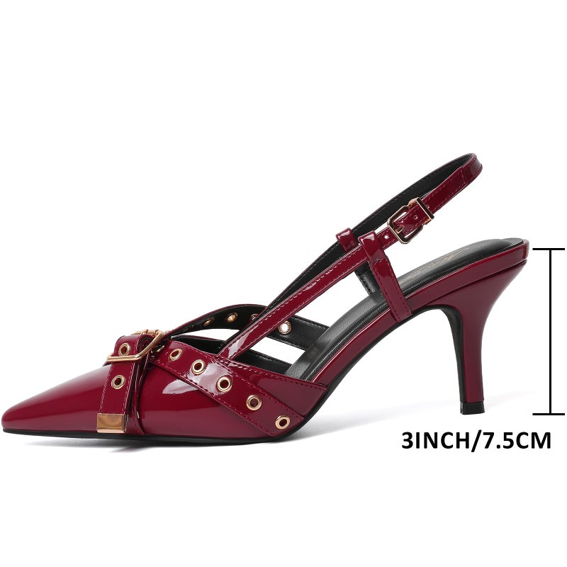 Mostrin Burgundy Slingback Kitten Heels for Women Dark Red Studded Heeled Pumps Pointed Closed Toe Heels Vintage Stiletto Pumps Shoes - Image 2
