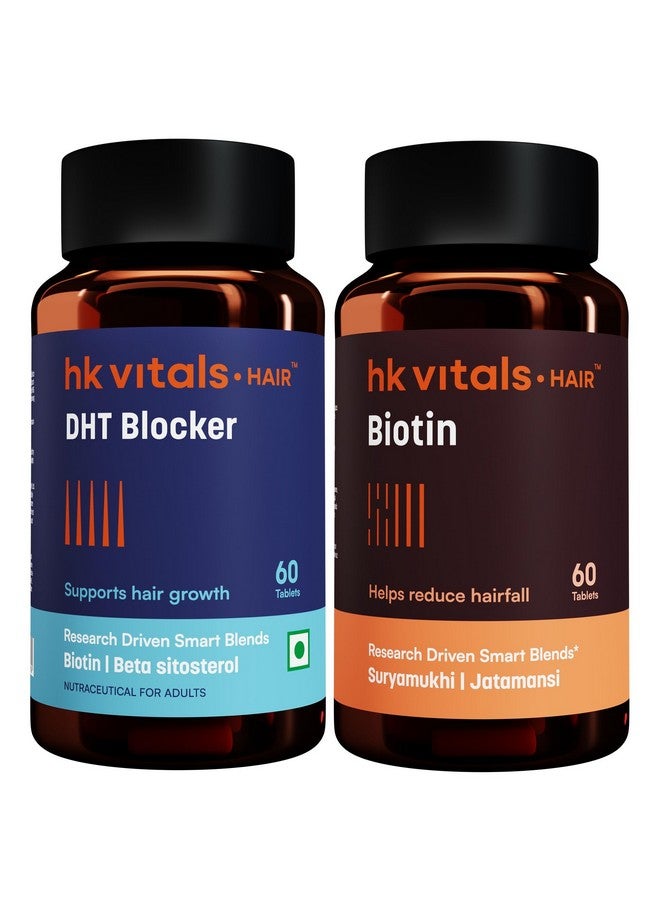 HEALTHKART حزمة كومبو HealthKart hk vitals البيوتين ومثبط DHT (60 قرص لكل منهما) | مكمل لنمو الشعر، شعر قوي وبشرة متألقة - Image 1