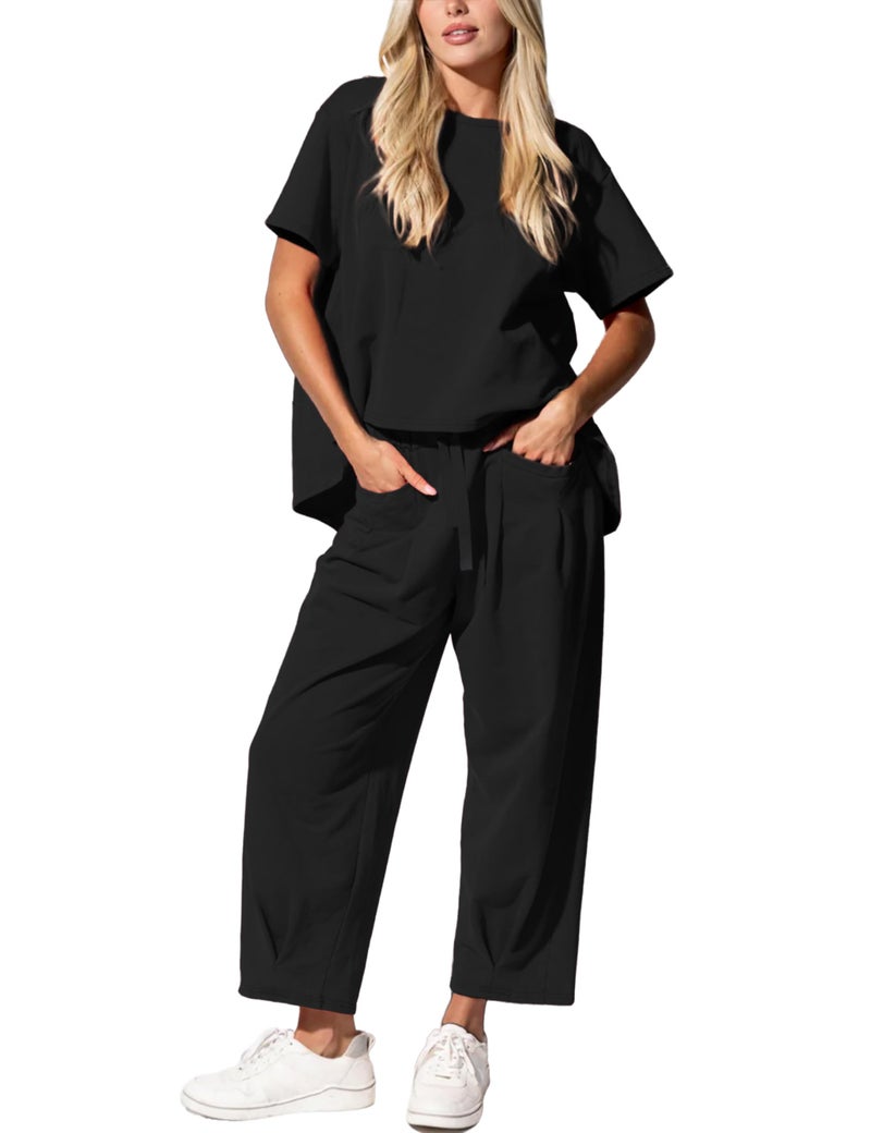 IQSQSQ Womenâ€™s Lounge Set 2 Piece Short Sleeve Top Barrel Wide Leg Pants Comfy Matching Travel Outfit(Black-M) - Image 1