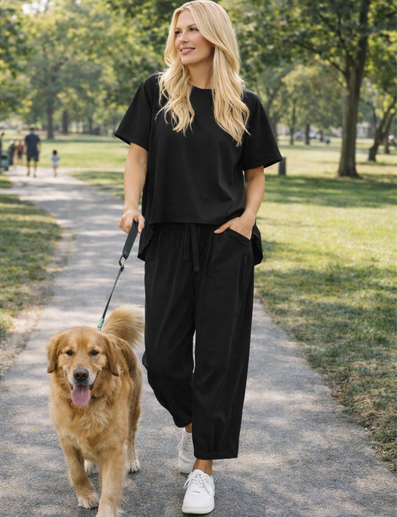 IQSQSQ Womenâ€™s Lounge Set 2 Piece Short Sleeve Top Barrel Wide Leg Pants Comfy Matching Travel Outfit(Black-M) - Image 4