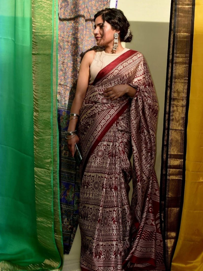 EthnicJunction Women's Art Silk Print Saree With Blouse Piece - Image 2