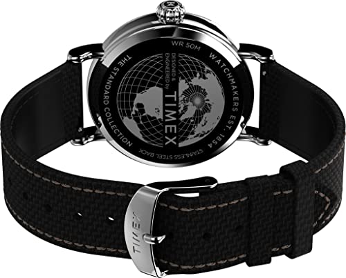 Timex Men's Standard 40mm Watch – Silver-Tone Case Black Dial with Black Leather & Fabric Strap - Image 3