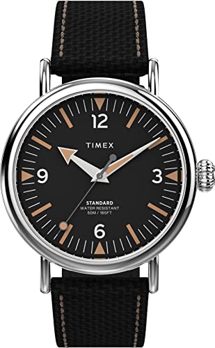 Timex Men's Standard 40mm Watch – Silver-Tone Case Black Dial with Black Leather & Fabric Strap - Image 4