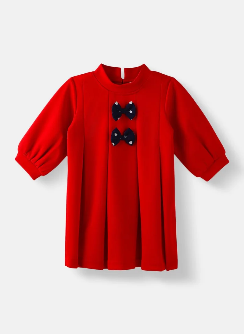 Nautinati Nautinati Girls Three-fourth Sleeve Box Pleat Dress with Cute Bows
