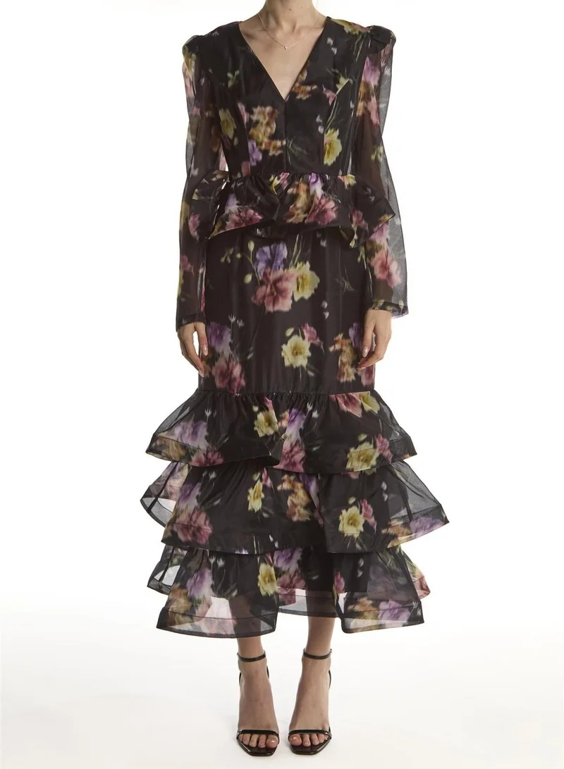 ترو ديكادينس Black Blur Flower Peplum Ruffle Midaxi-Dress