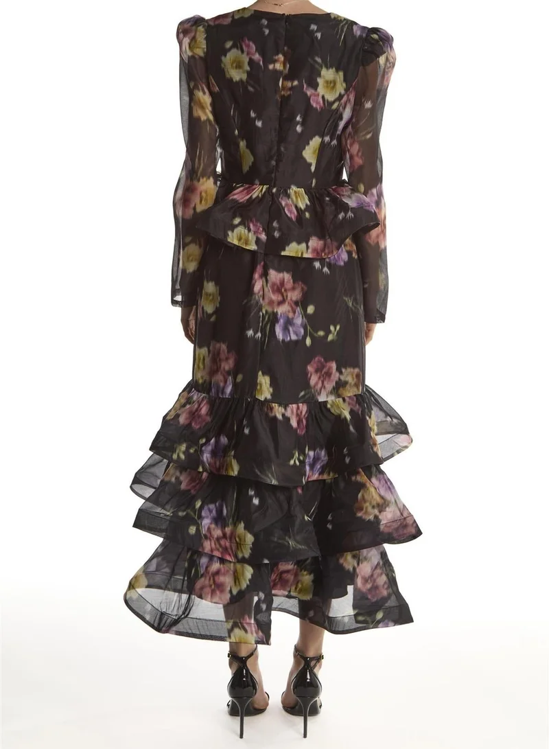 ترو ديكادينس Black Blur Flower Peplum Ruffle Midaxi-Dress
