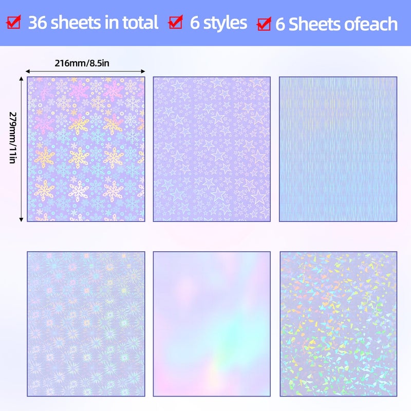 Cosrk 36 Sheets Holographic Sticker Paper, Clear Vinyl Laminate Film for Stickers Waterproof, Transparent Overlay Lamination Sticker Paper Self-Adhesive, 6 Patterns-8.5x11 Inch - Image 3