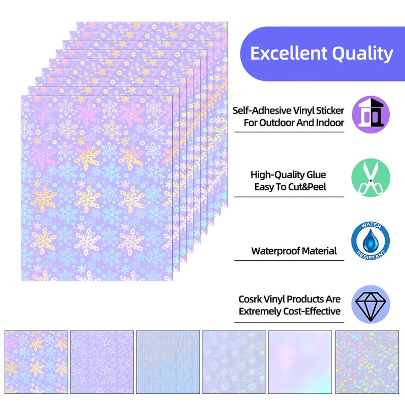 Cosrk 36 Sheets Holographic Sticker Paper, Clear Vinyl Laminate Film for Stickers Waterproof, Transparent Overlay Lamination Sticker Paper Self-Adhesive, 6 Patterns-8.5x11 Inch - Image 2