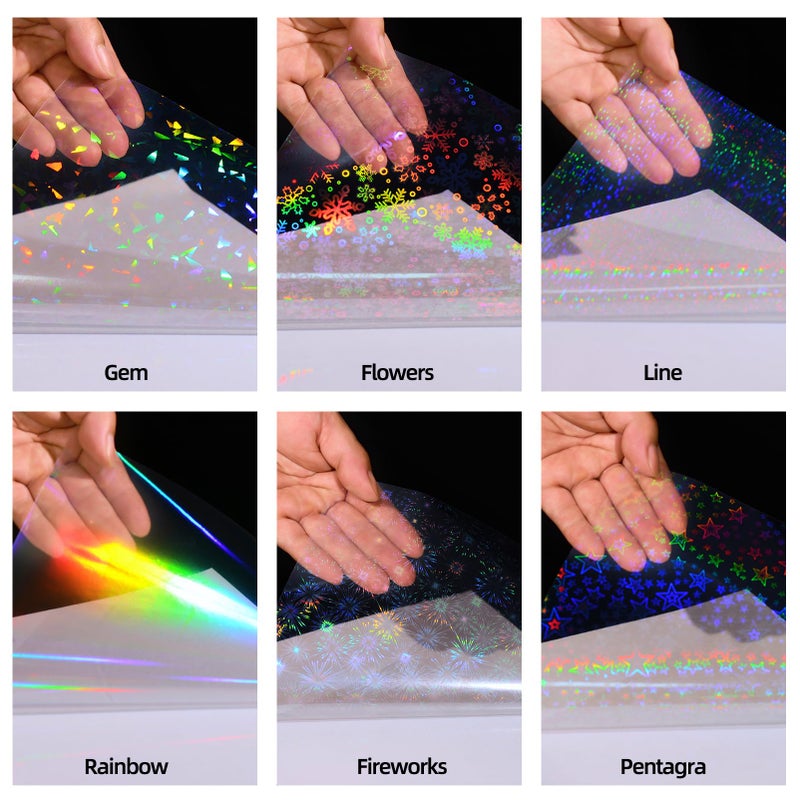 Cosrk 36 Sheets Holographic Sticker Paper, Clear Vinyl Laminate Film for Stickers Waterproof, Transparent Overlay Lamination Sticker Paper Self-Adhesive, 6 Patterns-8.5x11 Inch - Image 4