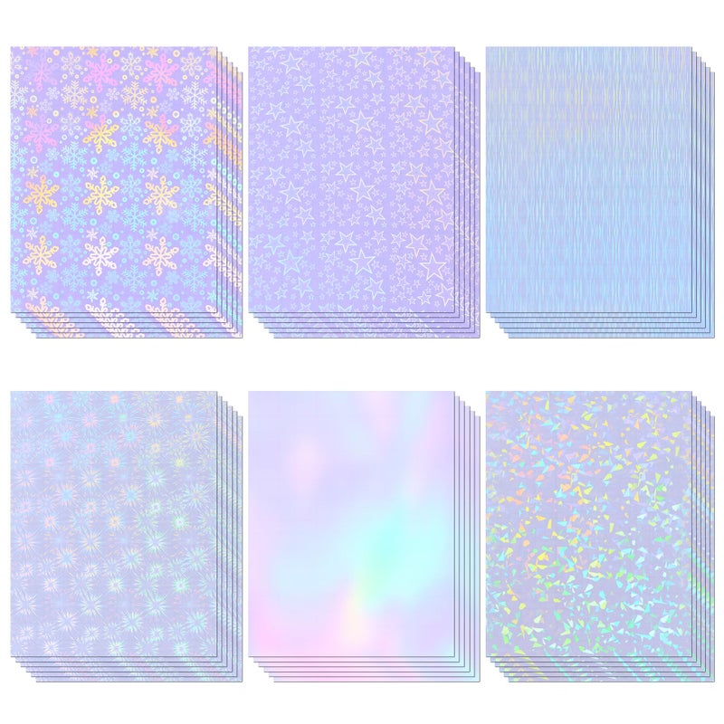 Cosrk 36 Sheets Holographic Sticker Paper, Clear Vinyl Laminate Film for Stickers Waterproof, Transparent Overlay Lamination Sticker Paper Self-Adhesive, 6 Patterns-8.5x11 Inch - Image 1