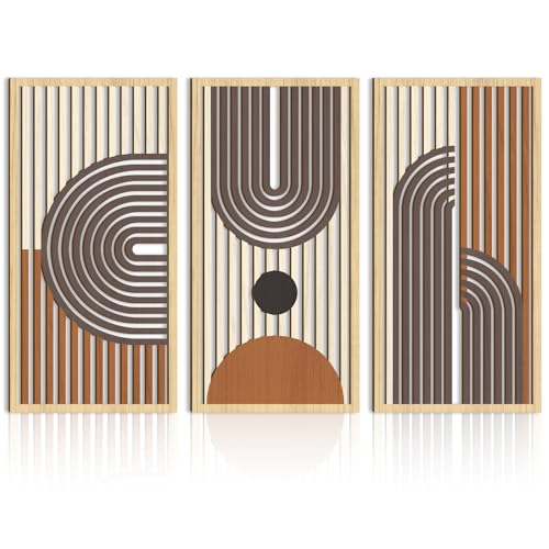 IARTTOP Mid century Modern Decor 16x32 Inch Large Boho Wood Wall Art Abstract Wooden Wall Decor Minimalist Bohemian Orange Artwork for Living Room Bedroom Office Set of 3 - Image 1