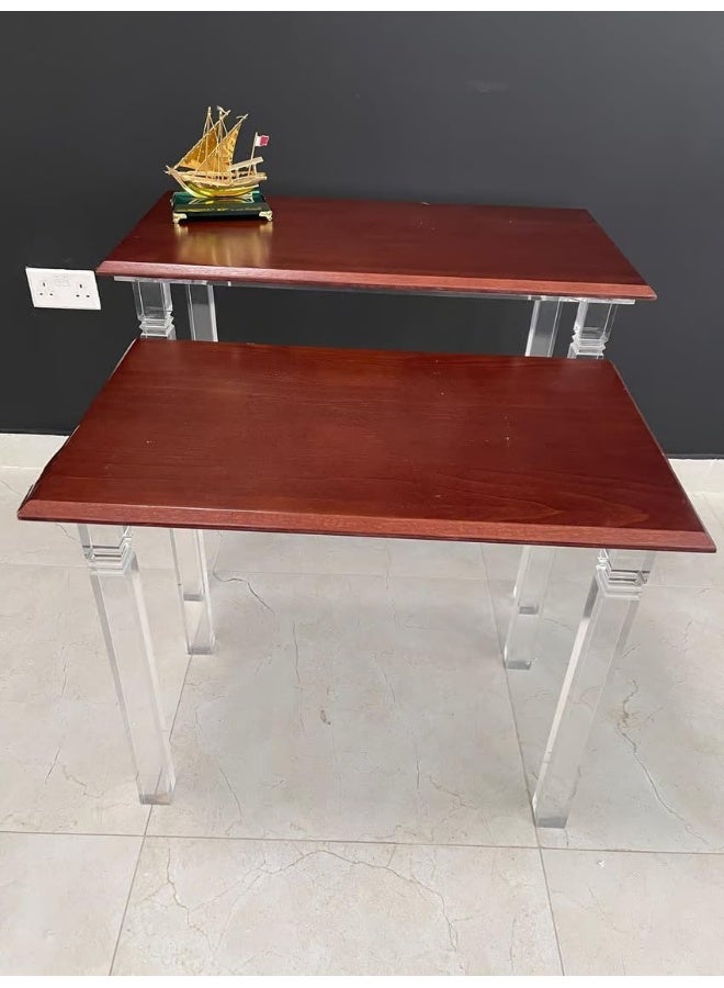 Horoof Market Horoof Home® Set of 2 Acrylic & Wood Nesting Tables – Brown Wood Tops with Clear Acrylic Legs, Modern Design  - Image 2