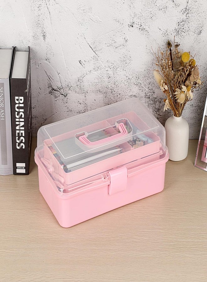 بي تي سكاي صندوق تخزين بلاستيكي مقسم ثلاثي الطبقات من BTSKY، منظم أدوات فنية وتخزين مع فواصل قابلة للتعديل، منظم أدوات فنية محمول بمقبض، منظم متعدد الأغراض للمنزل (وردي) - Image 3