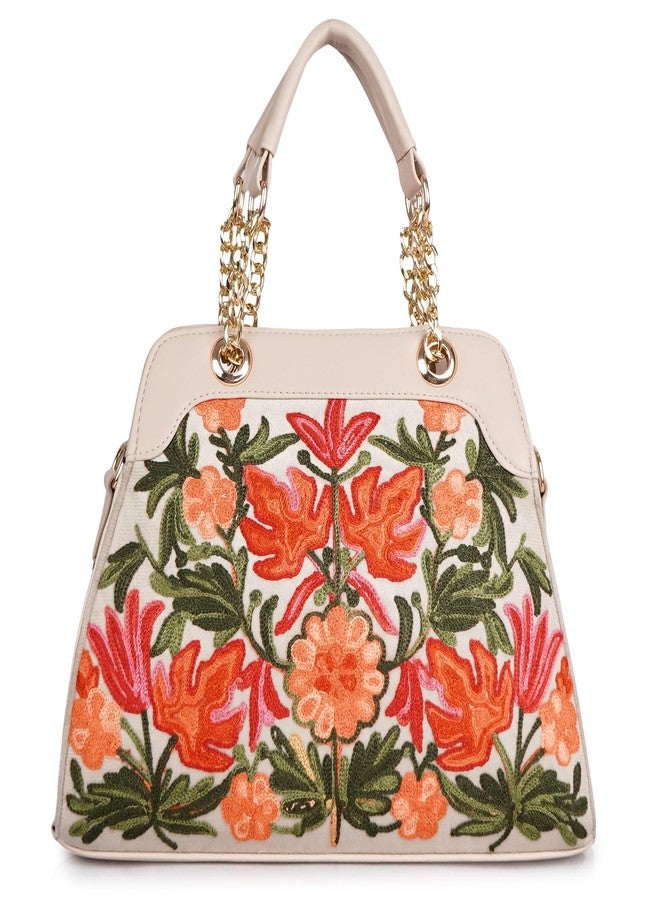 EVEDA Embroidered Floral Handbag, Black and Yellow with Coral Embroidery, Faux Leather, Multi Compartment, Detachable Strap, (Beige) - Image 2