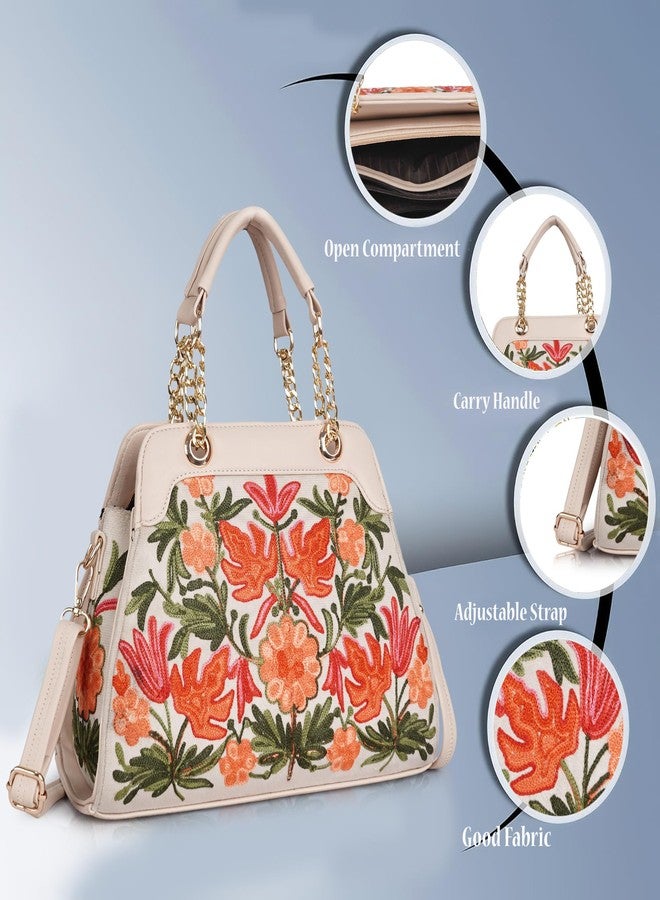 EVEDA Embroidered Floral Handbag, Black and Yellow with Coral Embroidery, Faux Leather, Multi Compartment, Detachable Strap, (Beige) - Image 3