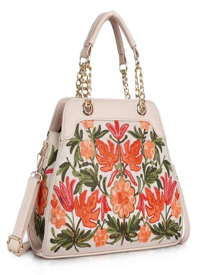EVEDA Embroidered Floral Handbag, Black and Yellow with Coral Embroidery, Faux Leather, Multi Compartment, Detachable Strap, (Beige) - Image 1