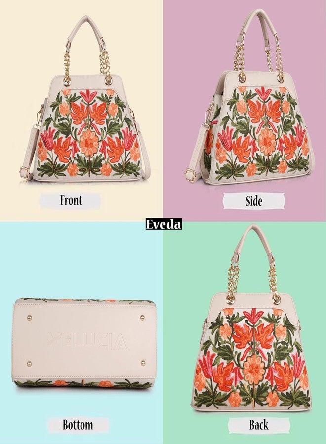 EVEDA Embroidered Floral Handbag, Black and Yellow with Coral Embroidery, Faux Leather, Multi Compartment, Detachable Strap, (Beige) - Image 4