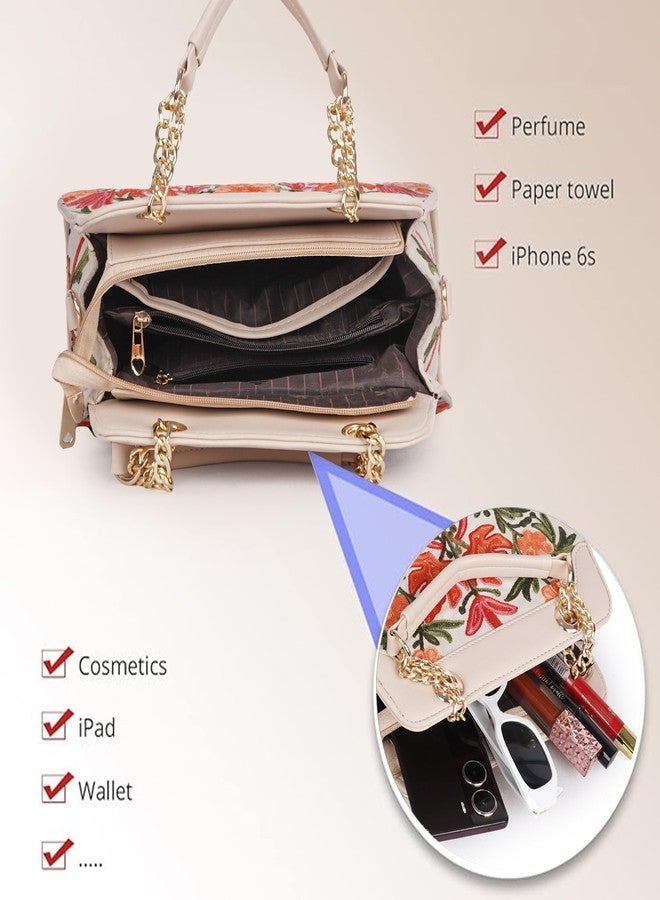 EVEDA Embroidered Floral Handbag, Black and Yellow with Coral Embroidery, Faux Leather, Multi Compartment, Detachable Strap, (Beige) - Image 5