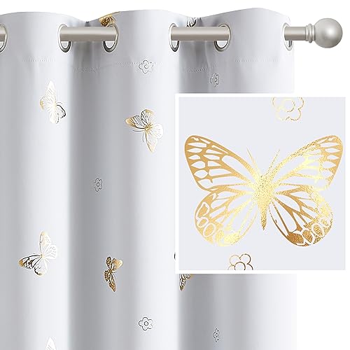 Jubilantex Gold Butterfly Blackout Curtains on Greyish White with Black Layer,Thermal Insulated Window Curtains for Bedroom Girls Room,52x84,2 Panels - Image 2