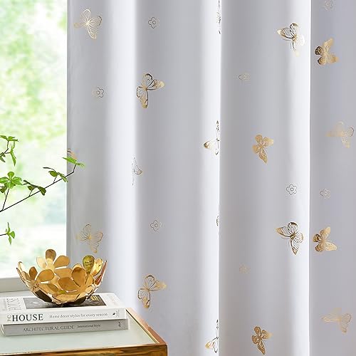 Jubilantex Gold Butterfly Blackout Curtains on Greyish White with Black Layer,Thermal Insulated Window Curtains for Bedroom Girls Room,52x84,2 Panels - Image 3