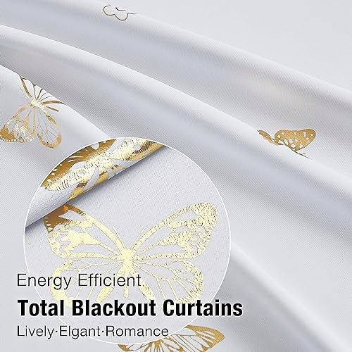 Jubilantex Gold Butterfly Blackout Curtains on Greyish White with Black Layer,Thermal Insulated Window Curtains for Bedroom Girls Room,52x84,2 Panels - Image 5