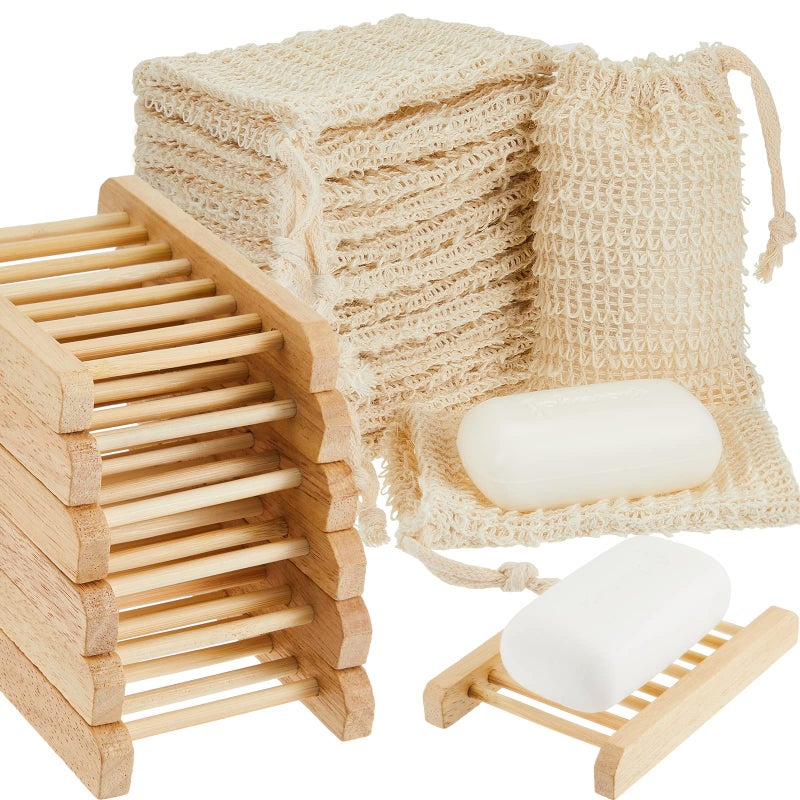 Rtteri Rtteri 60 Pcs Soap Exfoliating Bag Holder Set with Soap Save Pouch Mesh Sisal Bag and Bamboo Wood Holder for Shower and Bath Use 