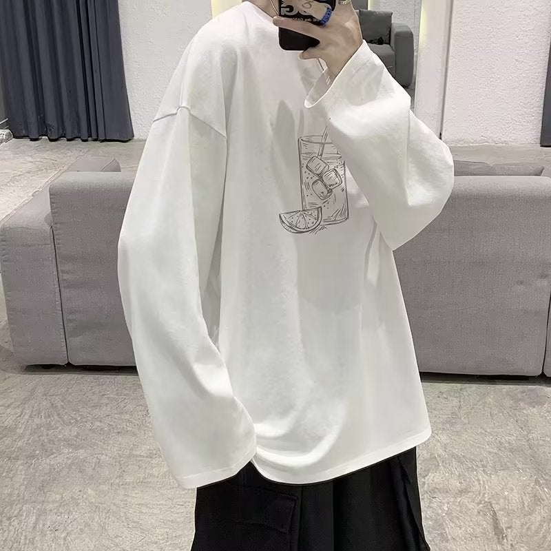 Autumn trendy printed long-sleeved T-shirt men's Hong Kong style ins fashion brand couple wear Japanese style loose plus size simple bottoming shirt - Image 2