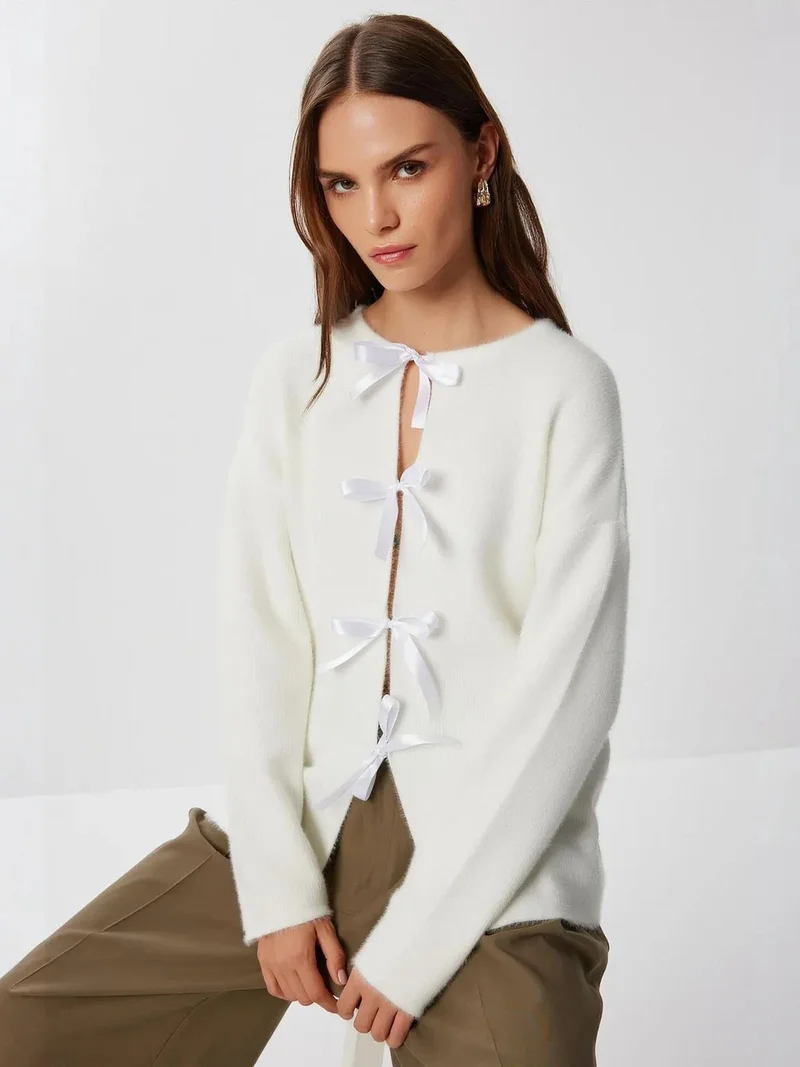 Lovely Istanbul ISTANBUL Textured Ribbed Knit Cardigan with Tie Closure