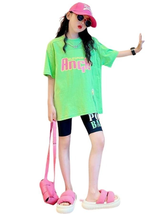 Mei Stylish Girl's Kid Summer 2 Piece Outfit Printed Oversized T-shirt and Tight Short Pant Set - Image 1