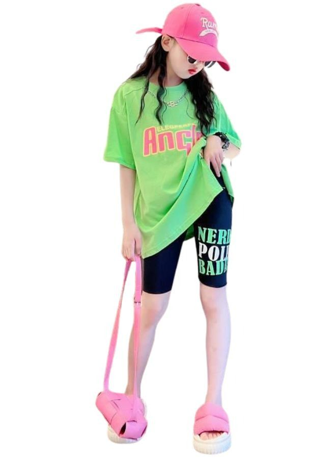 Mei Stylish Girl's Kid Summer 2 Piece Outfit Printed Oversized T-shirt and Tight Short Pant Set - Image 4