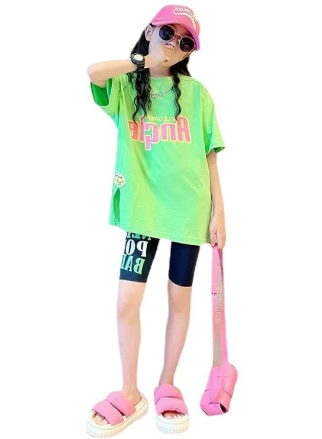 Mei Stylish Girl's Kid Summer 2 Piece Outfit Printed Oversized T-shirt and Tight Short Pant Set - Image 5