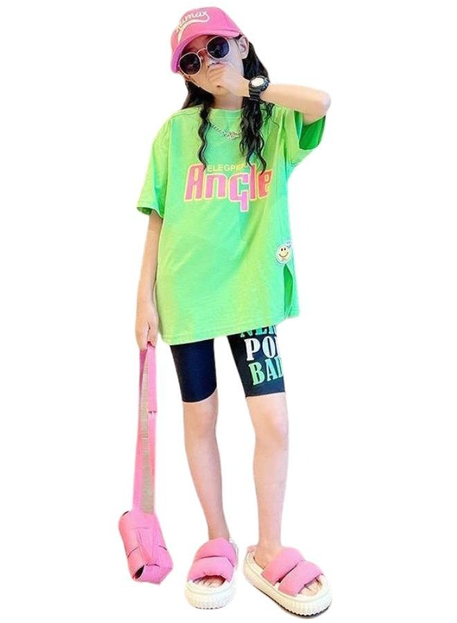 Mei Stylish Girl's Kid Summer 2 Piece Outfit Printed Oversized T-shirt and Tight Short Pant Set - Image 2