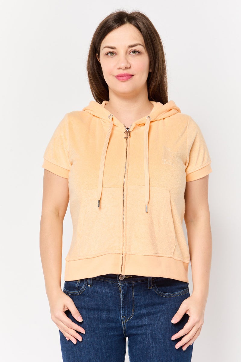 Juicy Couture هودي قصير الأكمام مزين بشعار للنساء، خوخي - Image 1