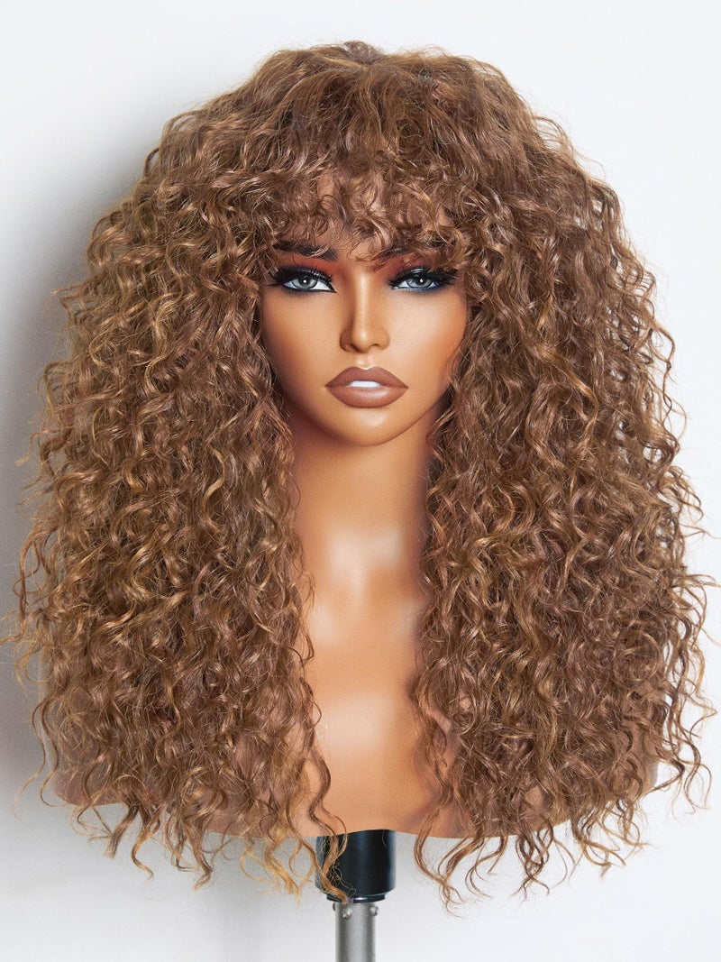 GORGIUS Veralux Blend Human Hair Curly Wig with Bangs Cinnamon Brown Shaggy Curl Glueless Bang Wig with True Scalp Upgraded with Natural HumanHairLike Premium Synthetic Fiber - Image 2