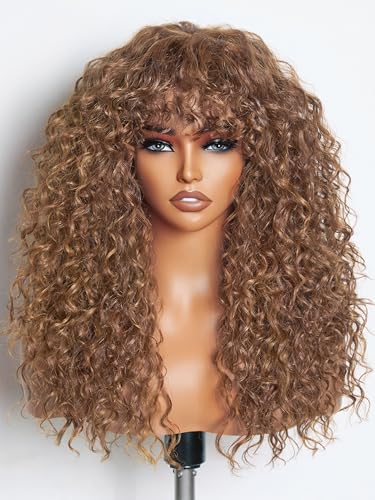 GORGIUS Veralux Blend Human Hair Curly Wig with Bangs Cinnamon Brown Shaggy Curl Glueless Bang Wig with True Scalp Upgraded with Natural HumanHairLike Premium Synthetic Fiber - Image 1