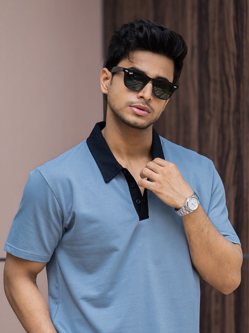 Maniac Mens Solid Polo Neck Half Sleeve Light Grey and Black Cotton T-Shirt - Image 1