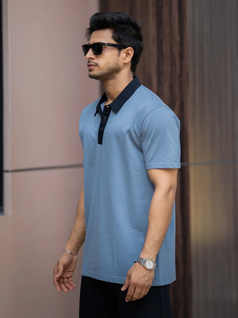 Maniac  Maniac Mens Solid Polo Neck Half Sleeve Light Grey and Black Cotton T-Shirt for Men | Best Price UAE