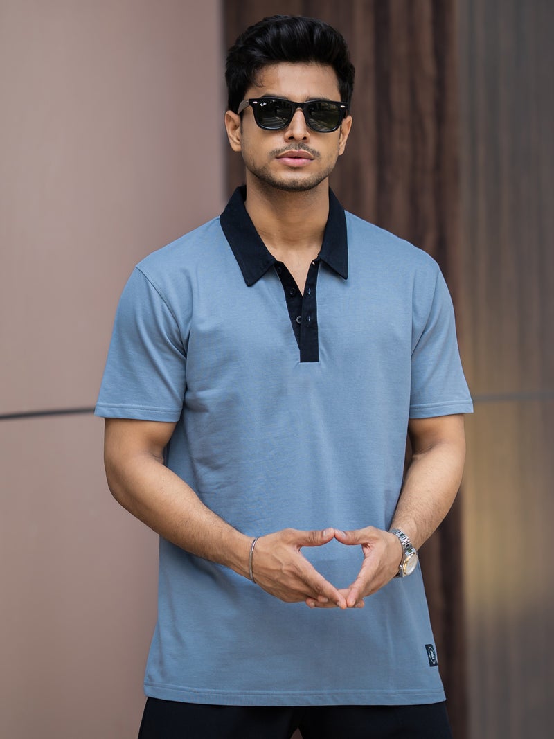 Maniac Mens Solid Polo Neck Half Sleeve Light Grey and Black Cotton T-Shirt - Image 2