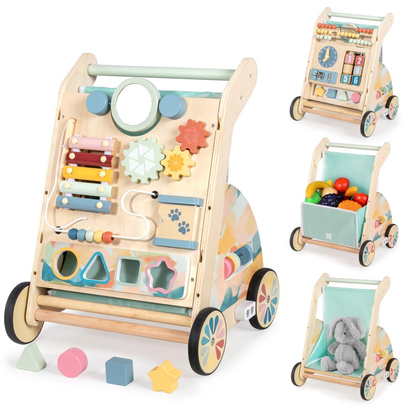 LOL-FUN Wooden Baby Walker with Double-Sided Busy Board, Push Walker for Baby with Adjustable Speed Wheels, Activity Learning Walker for Boys 12 Months - Image 1