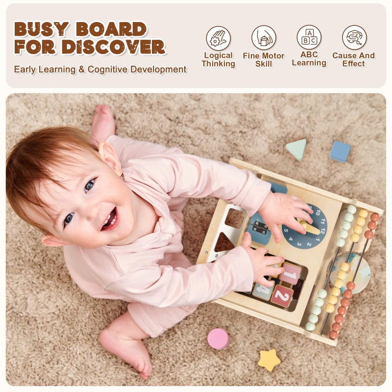 LOL-FUN Wooden Baby Walker with Double-Sided Busy Board, Push Walker for Baby with Adjustable Speed Wheels, Activity Learning Walker for Boys 12 Months - Image 5