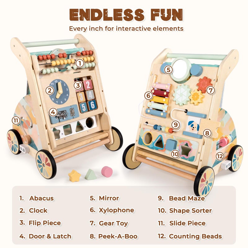 LOL-FUN Wooden Baby Walker with Double-Sided Busy Board, Push Walker for Baby with Adjustable Speed Wheels, Activity Learning Walker for Boys 12 Months - Image 3