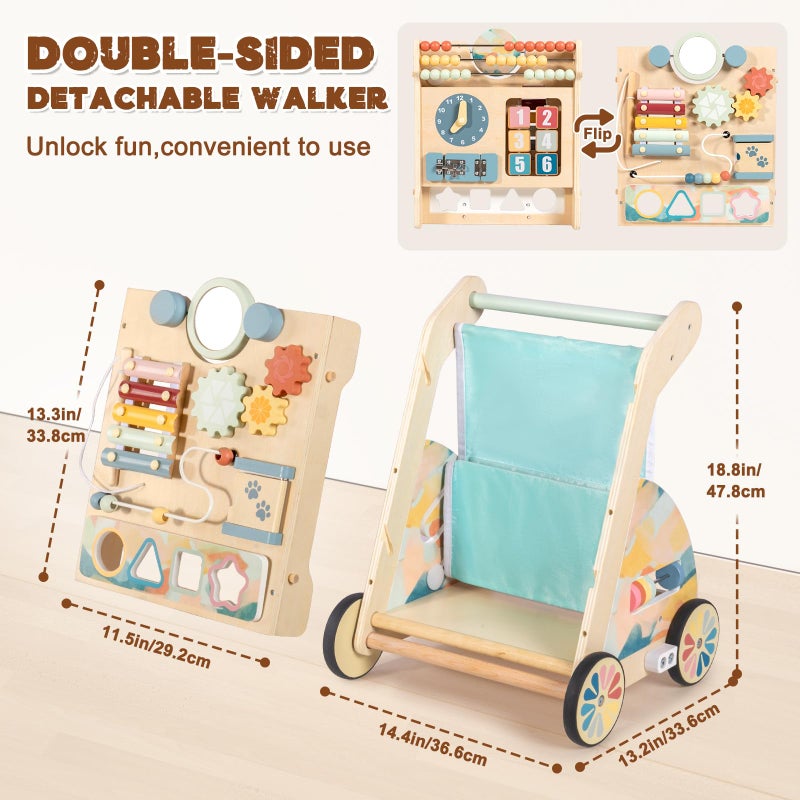 LOL-FUN Wooden Baby Walker with Double-Sided Busy Board, Push Walker for Baby with Adjustable Speed Wheels, Activity Learning Walker for Boys 12 Months - Image 2