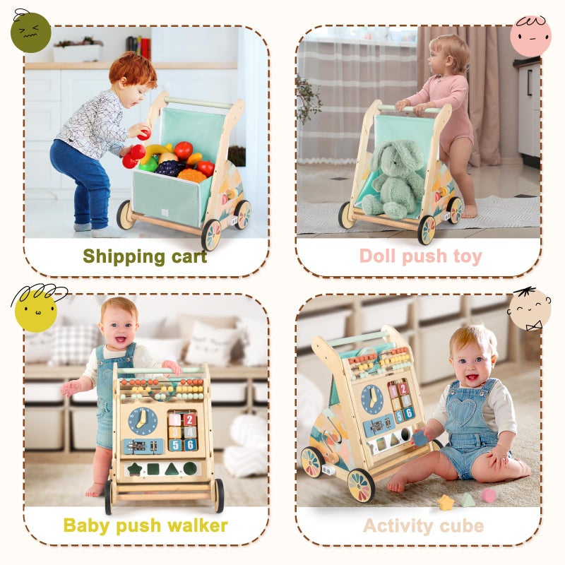 LOL-FUN Wooden Baby Walker with Double-Sided Busy Board, Push Walker for Baby with Adjustable Speed Wheels, Activity Learning Walker for Boys 12 Months - Image 4