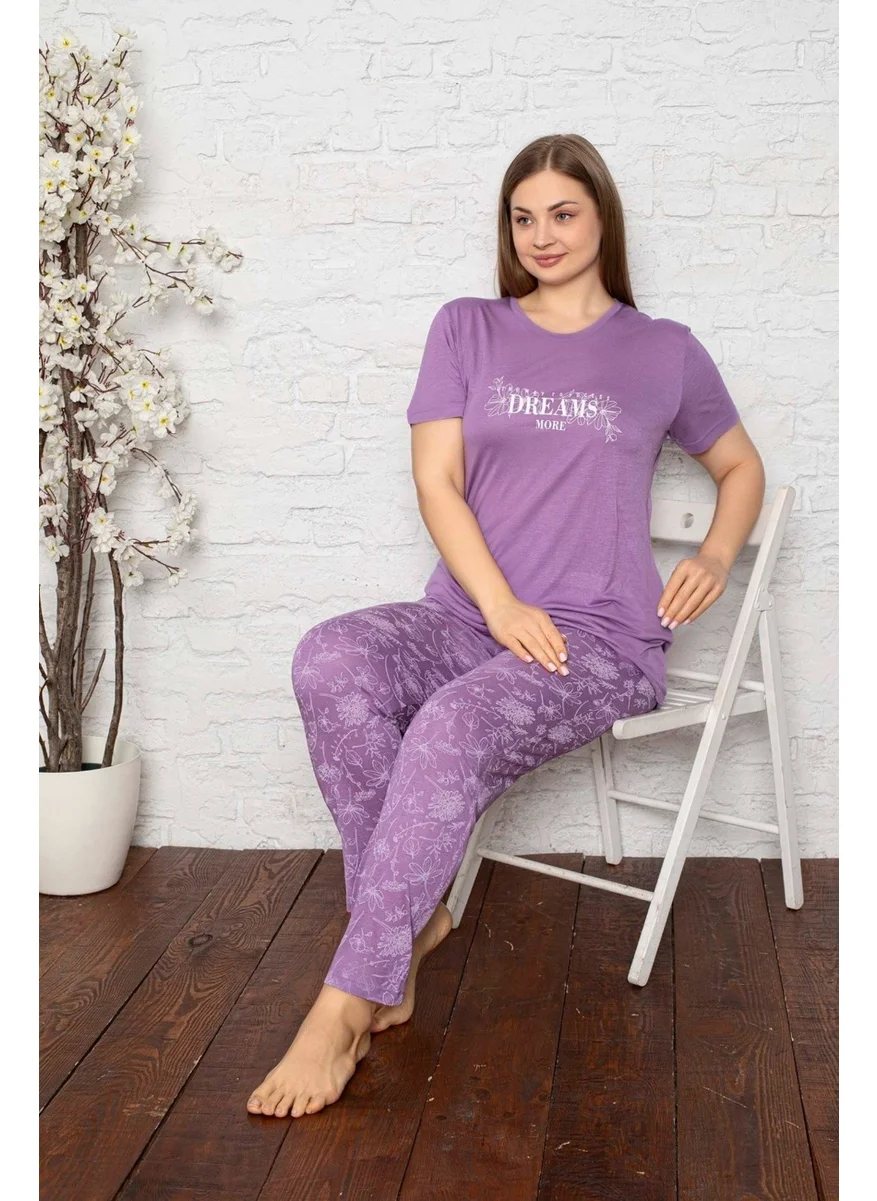 Bie'S Lilac Floral Buttonless Round Neck Wide King Size Viscose Pocket Plus Size Pajama Set