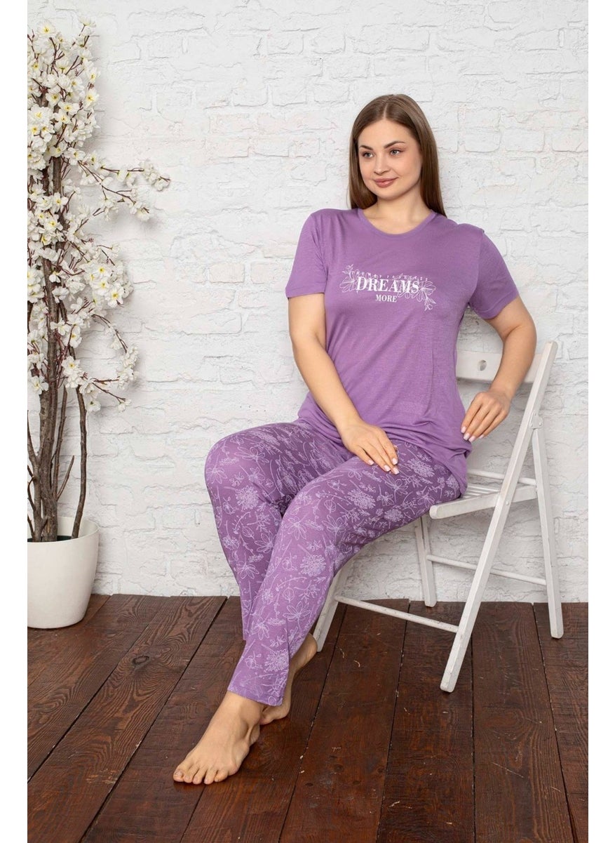 Bie's Lilac Floral Buttonless Round Neck Wide King Size Viscose Pocket Plus Size Pajama Set 