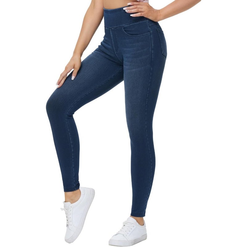Gym workout leggings: high-waisted stretchy jeggings in black, soft denim-blend fabric with tummy control and squat-proof comfort - Image 1