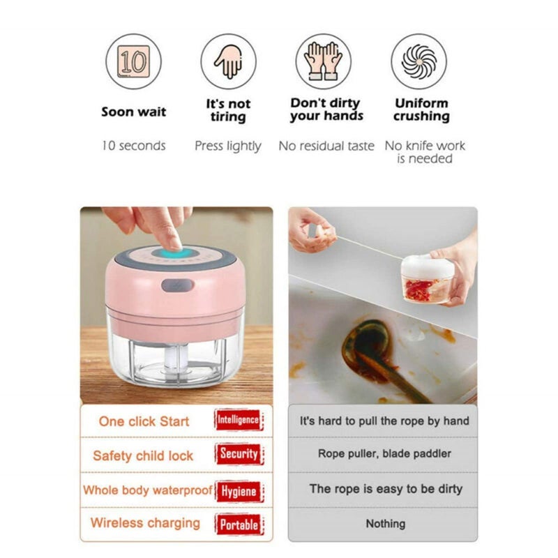 Electric Garlic Chopper: 100Ml Bpa-Free Food-Grade Mini Portable Rechargeable Usb Waterproof One-Button Electric Food Processor - Easy-To-Clean 304 Stainless Steel Blade Pink Food Chopper For Home Kit - Image 3