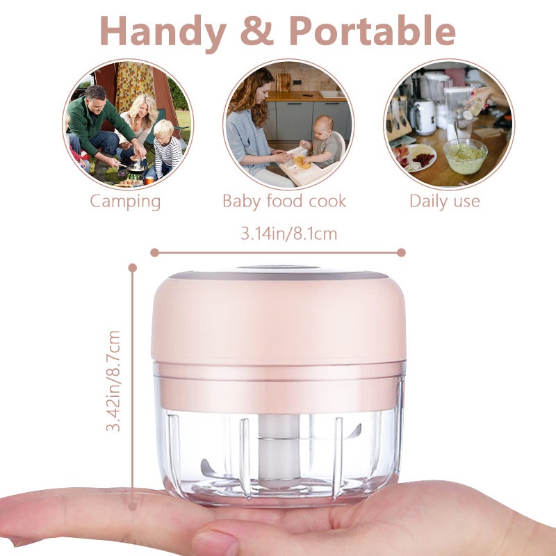 Electric Garlic Chopper: 100Ml Bpa-Free Food-Grade Mini Portable Rechargeable Usb Waterproof One-Button Electric Food Processor - Easy-To-Clean 304 Stainless Steel Blade Pink Food Chopper For Home Kit - Image 2