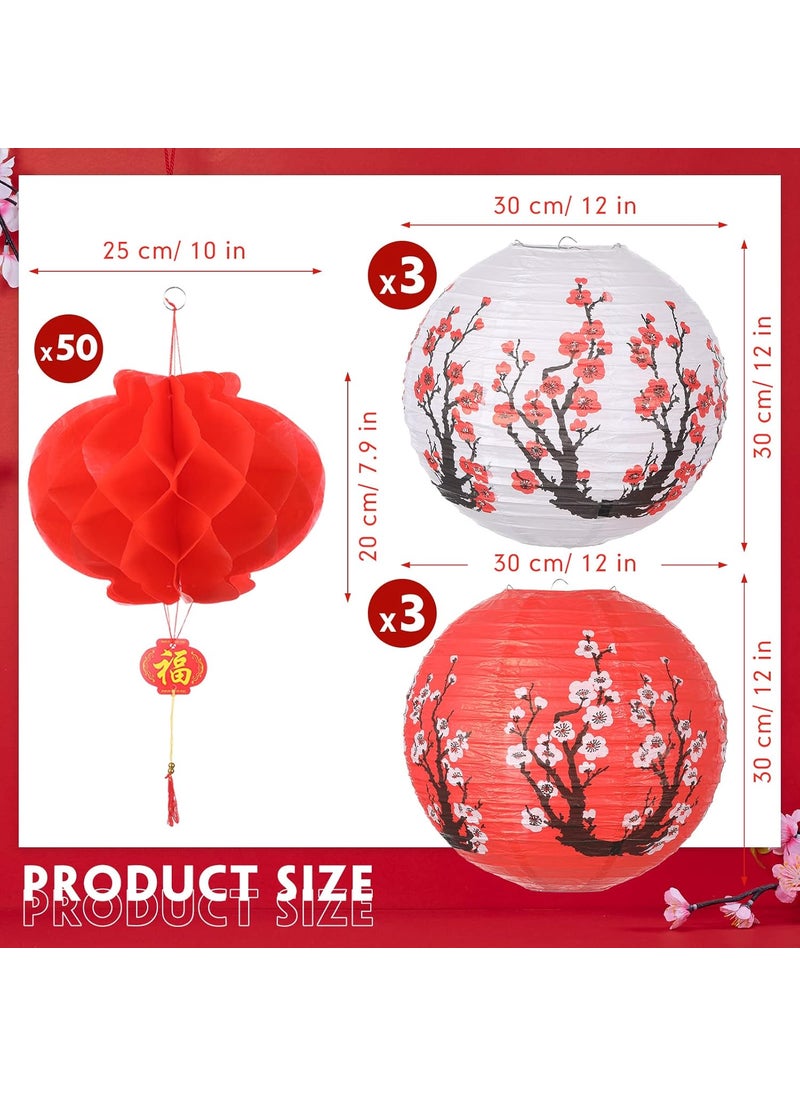Reginary 56 Pcs Japanese Party Decorations Chinese Paper Lanterns Cherry Blossom 50 Pcs 10 Inch Chinese Red Paper Lanterns 6 Pcs 12 Inch Japanese Cherry Blossom for New Year Spring Festival Wedding  - Image 2